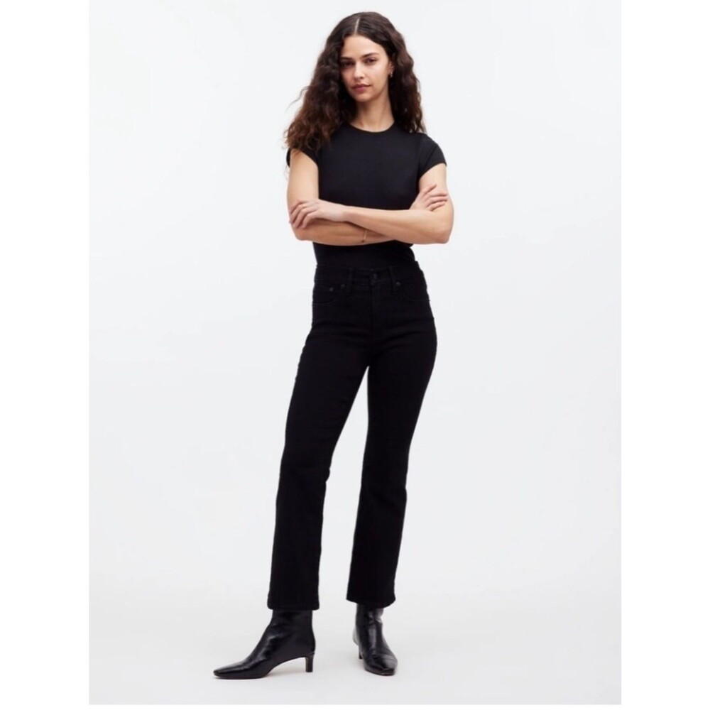 Madewell Women's Mid-Rise Kick Out Crop Flare Stretch Black Jeans Size 28